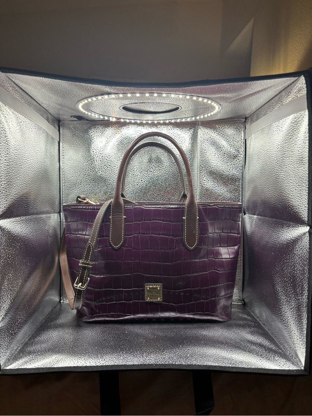 Dooney & Bourke Plum Croc-Embossed Satchel with Brown Trim